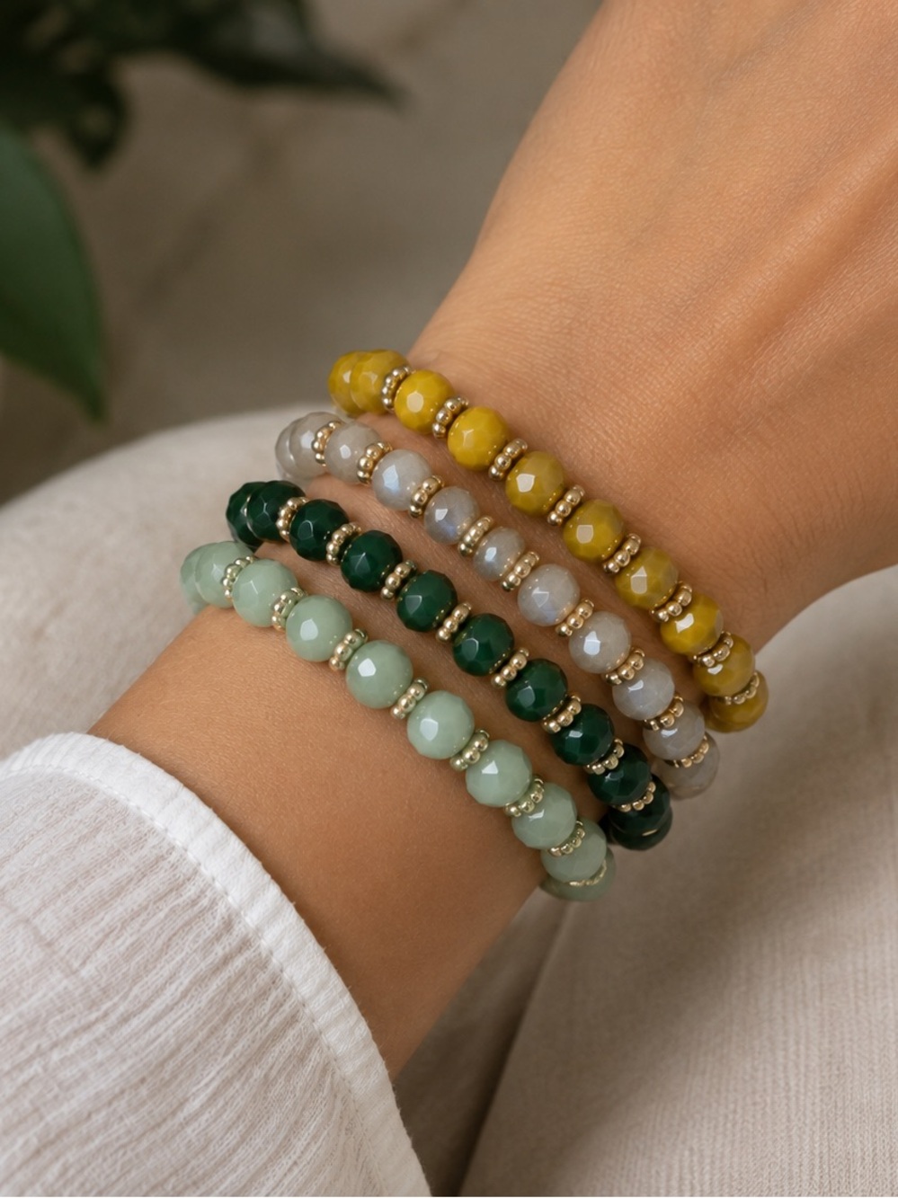 Faceted Beaded Stretch Bracelet Set Green Mustard Gold Boho Stackable